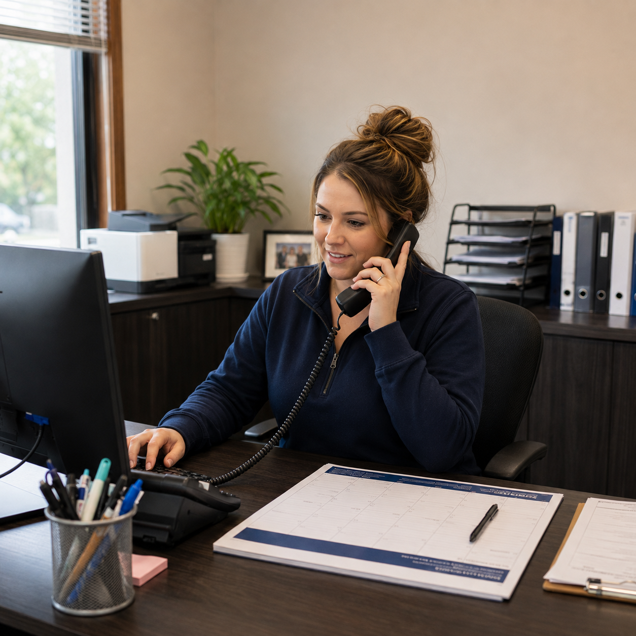 Woman sitting at an office desk, talking on the phone, with a computer, pens, and documents on the desk.