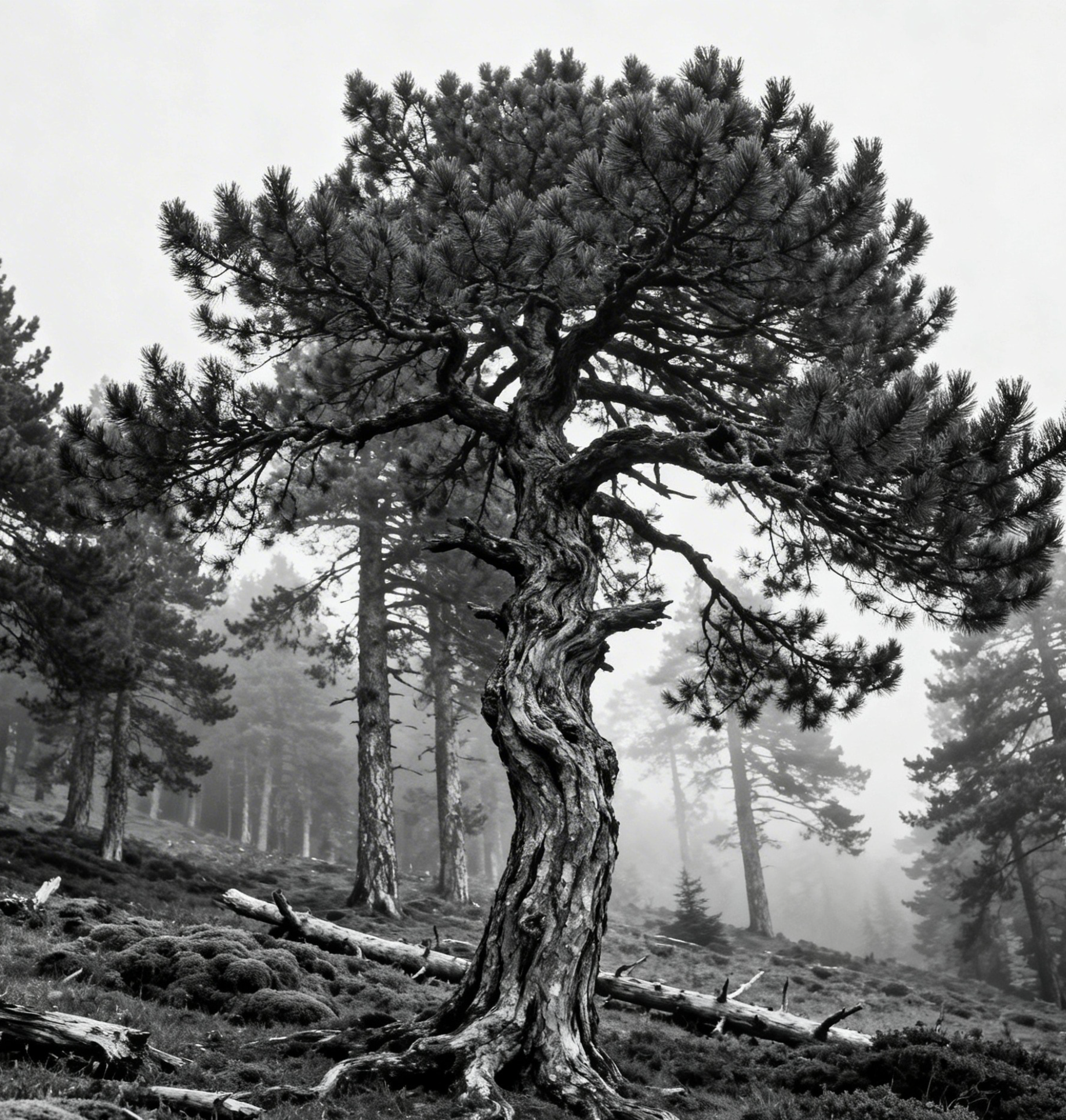 A black and white photograph of a twisted, gnarled pine tree growing on a foggy hillside forest, with other pine trees in the background.