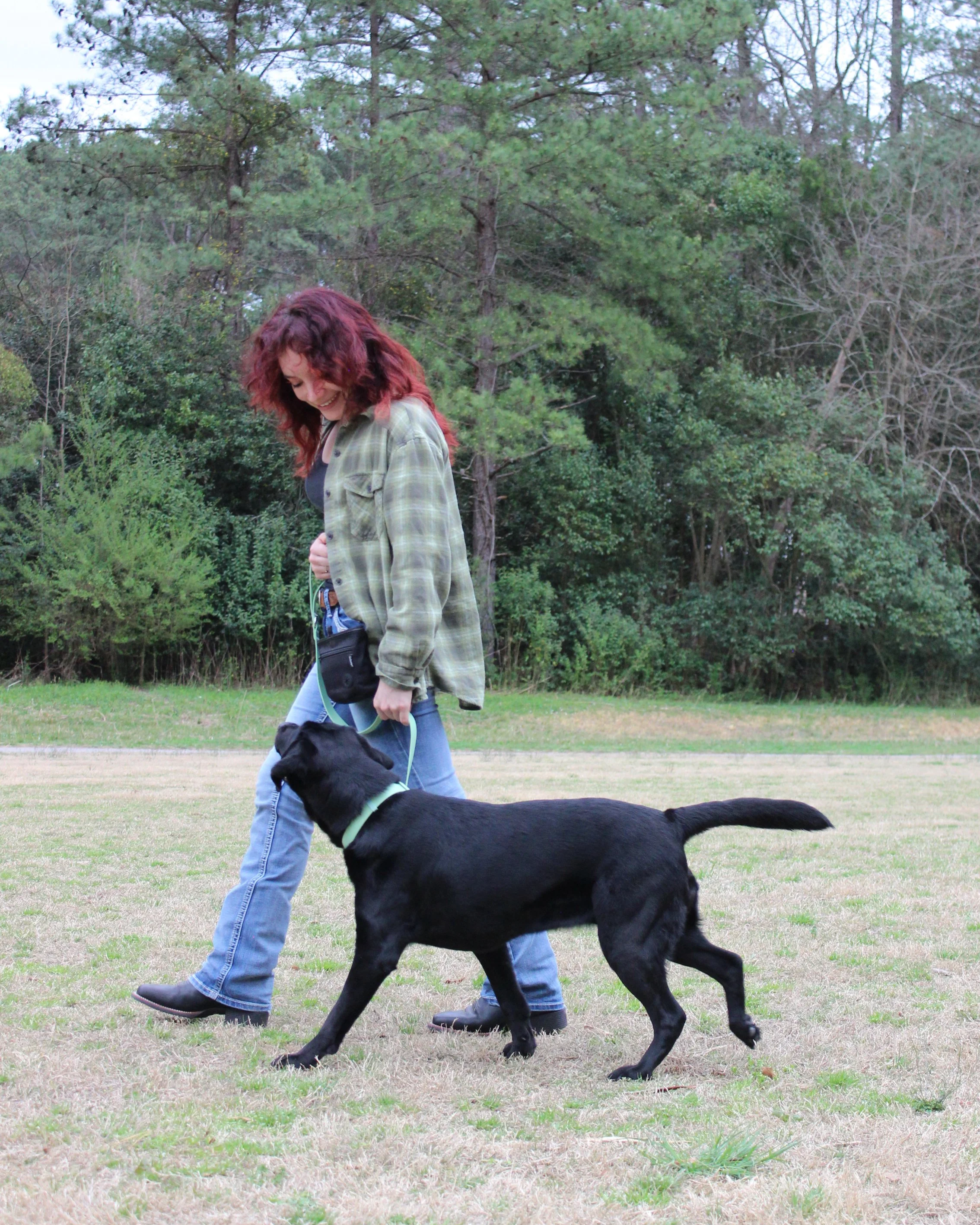 Dog trainer, Devin, walks with Ivy in a heel. They are looking at each other while walking in a grass field. Devin wears a treat pouch, and Ivy a green collar and leash.
