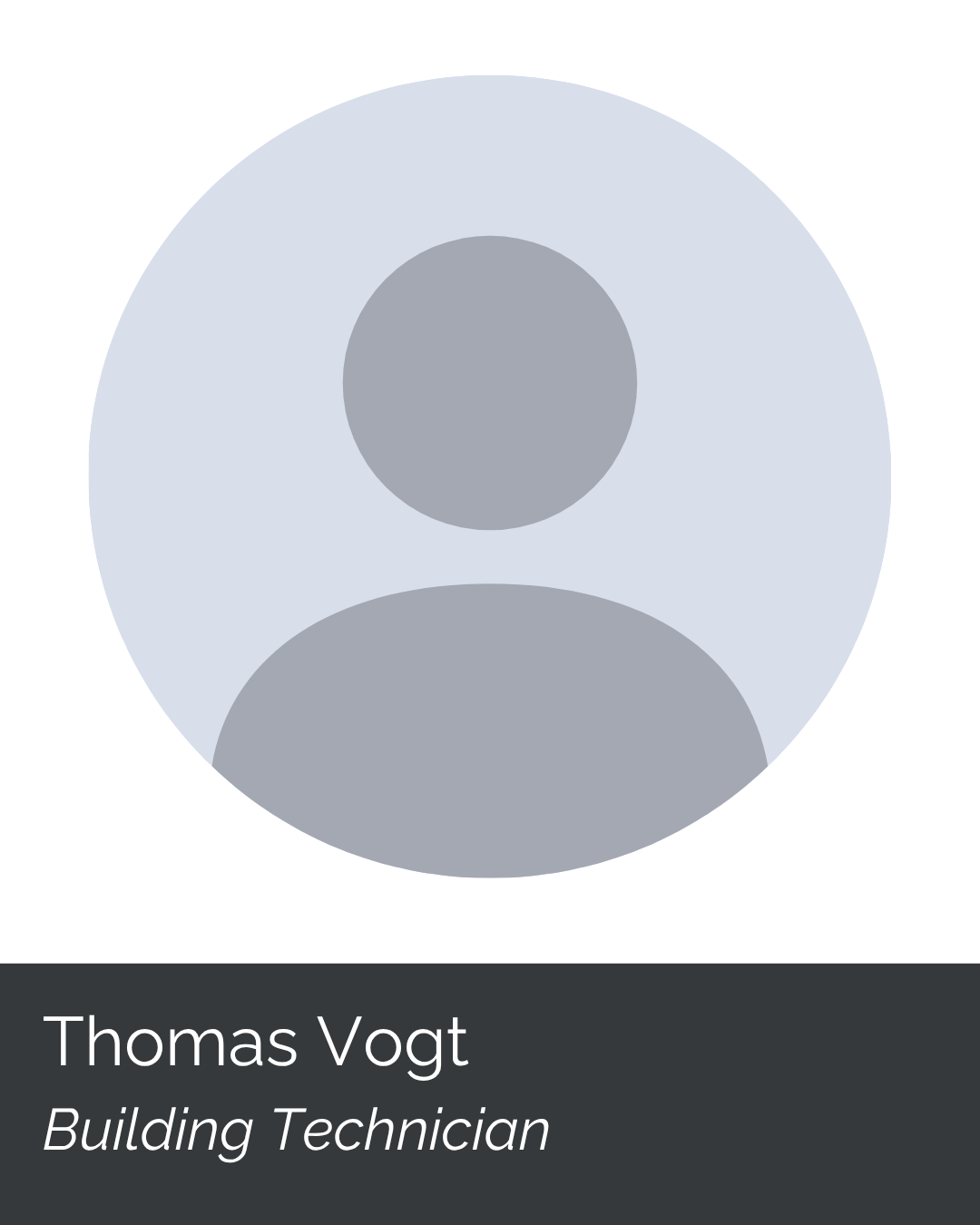 Business card with a gray circle logo and black background; includes the name Thomas Vogt and title Building Technician