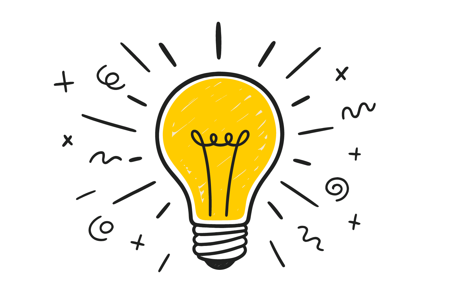 A cartoon-style illustration of a yellow light bulb glowing, with black lines around it indicating illumination, on a black background.