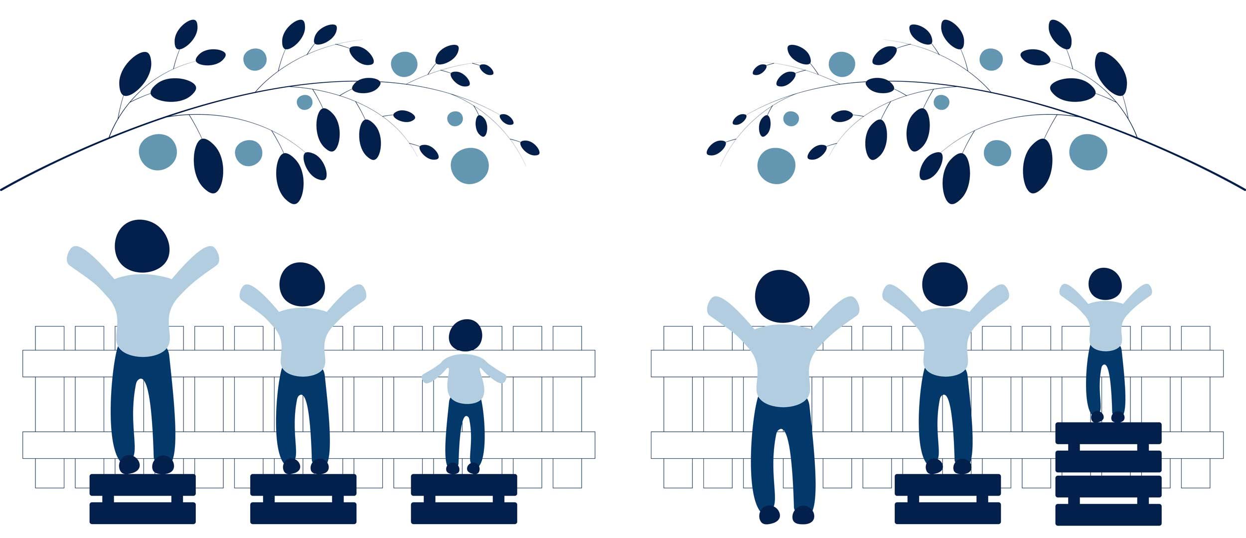 Children standing on podiums with arms raised, with a decorative leafy pattern above them in shades of blue.