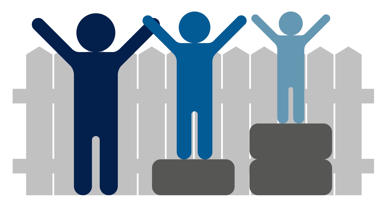 Three stylized figures standing on a winners' podium with arms raised, celebrating. The figures are in blue shades and the background features a gray picket fence.