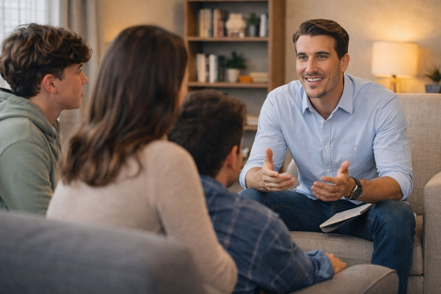 Man in light blue shirt leading therapy session with four young adults sitting on couches in cozy living room.