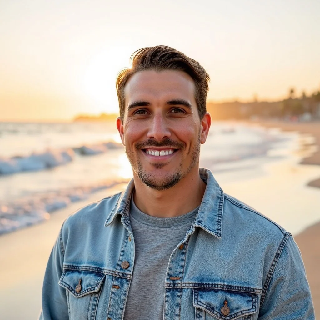 Smiling man in denim jacket at the beach during sunset.