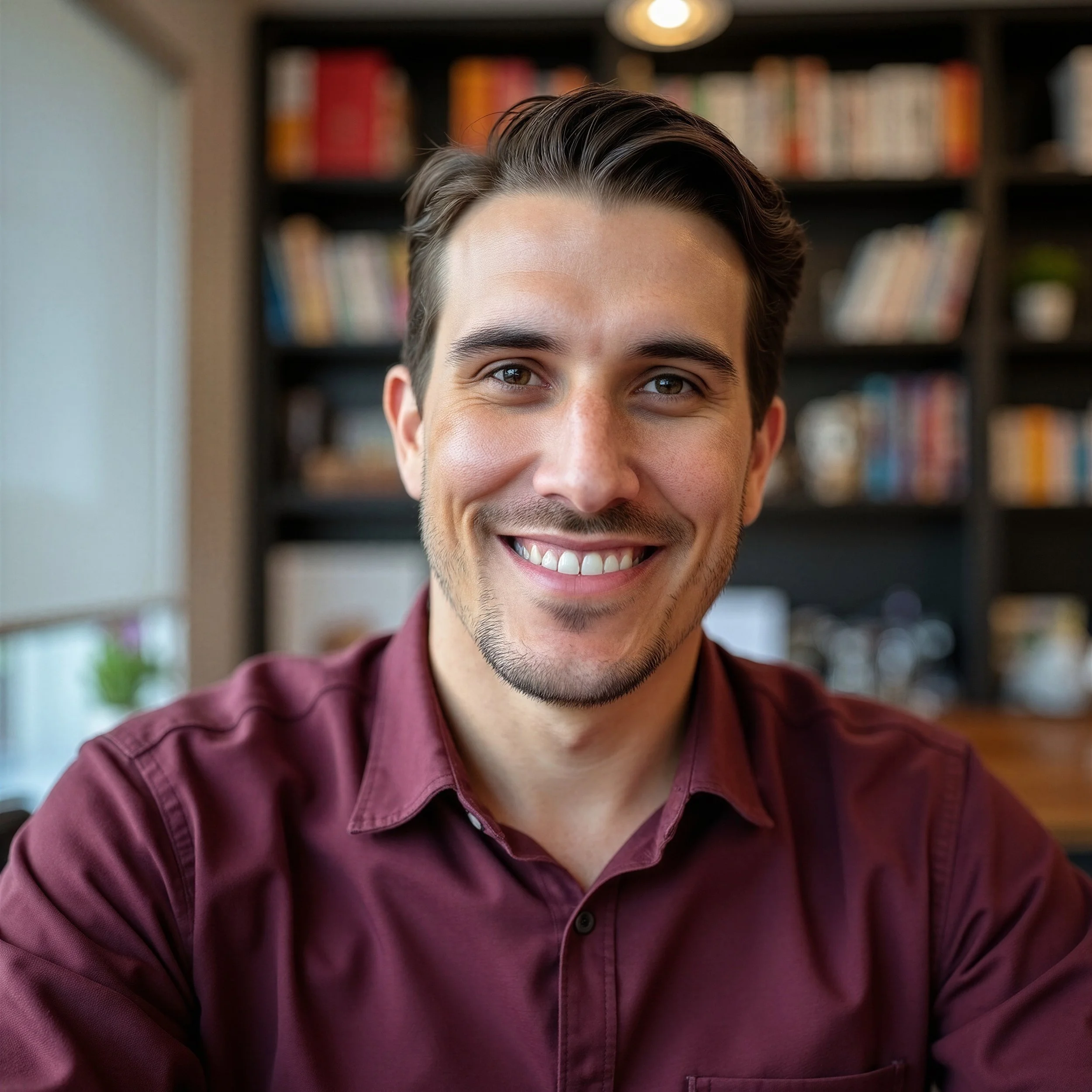 Smiling young man with dark hair and a beard, wearing a maroon shirt, sitting indoors in front of a bookshelf filled with books.