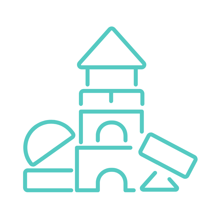 Illustration of building blocks including a semi-circle, a square, a rectangle, a wedge, a triangle, and a tower structure, representing toys or construction pieces.