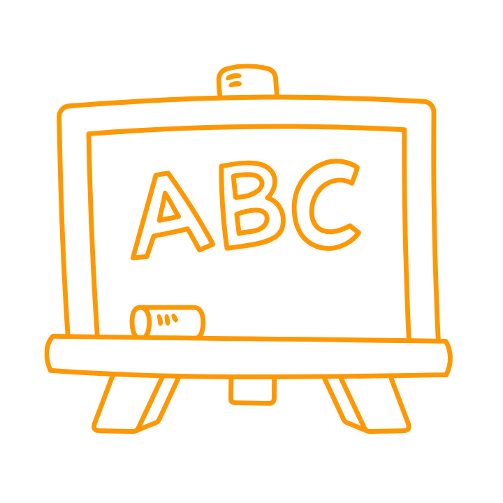 Orange chalkboard with the letters ABC written on it, and a piece of chalk resting at the bottom.