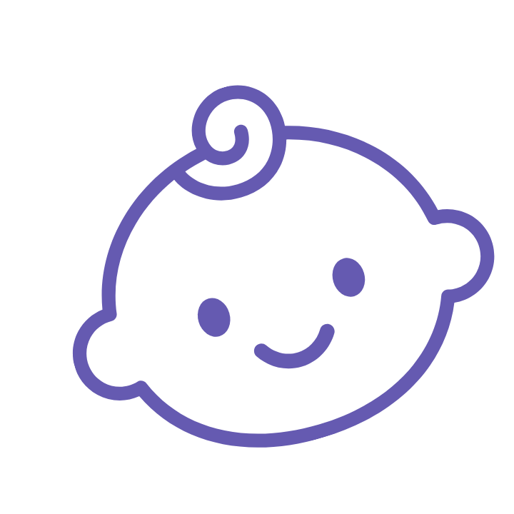 Simple line drawing of a smiling baby face with a curl of hair on top.