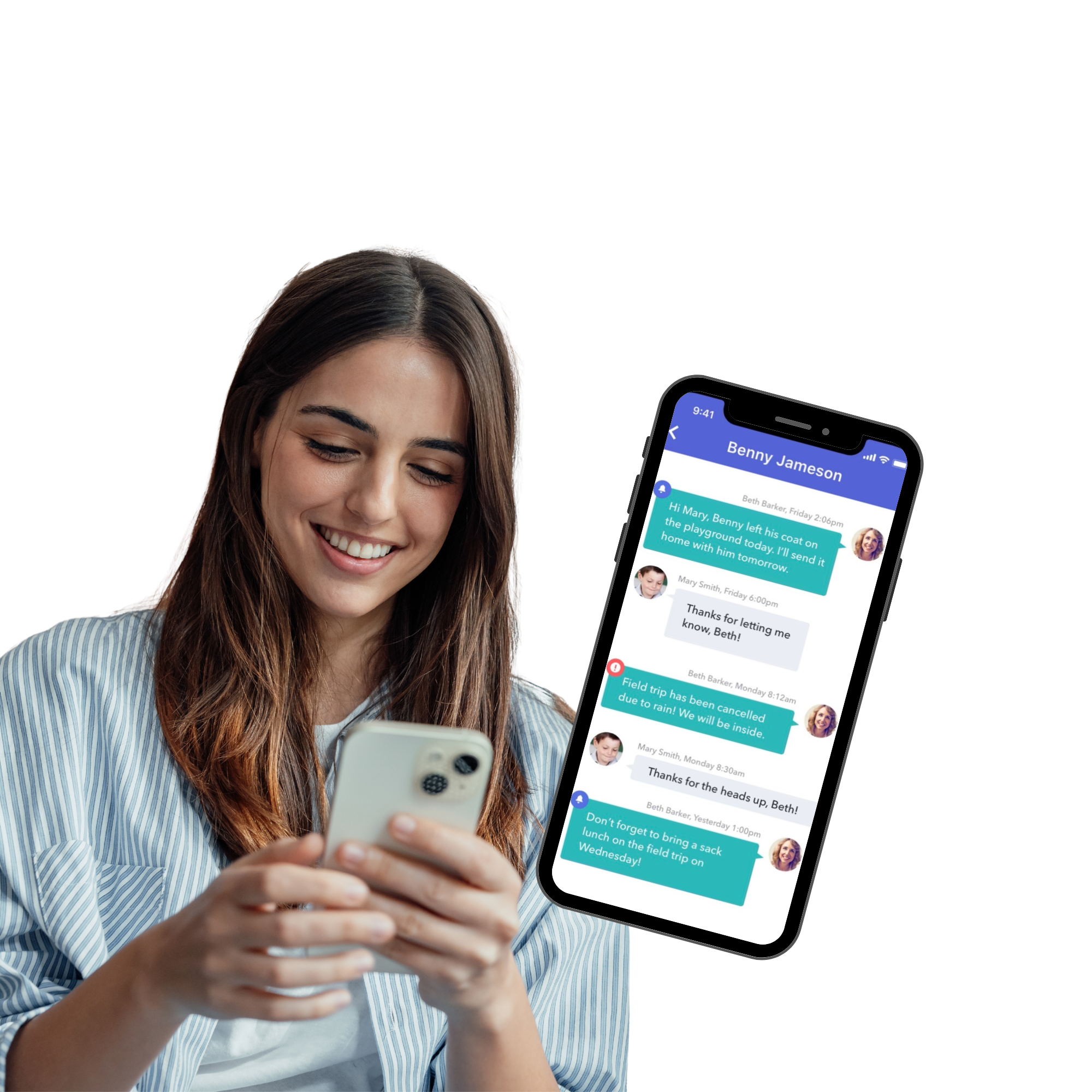 A young woman with long brown hair, wearing a blue and white striped shirt, is smiling while looking at her smartphone. In the background, part of a smartphone screen displaying a messaging app conversation is visible.