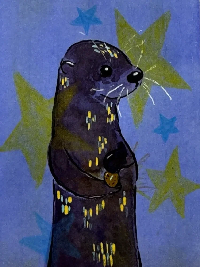 A cute illustrated otter with a dark coat, light spots, large black eyes, standing against a background of green and blue stars.