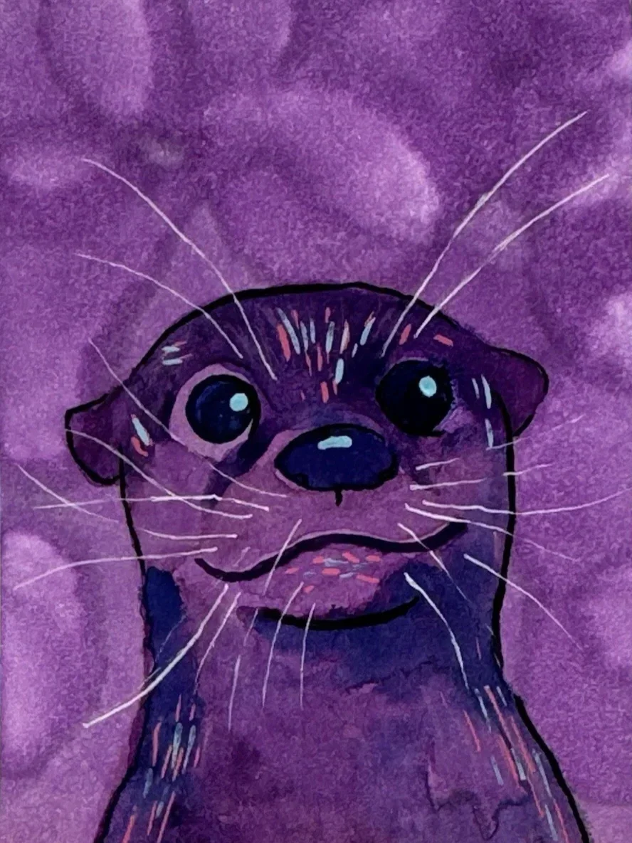 Drawing of an otter with large eyes and a purple background.