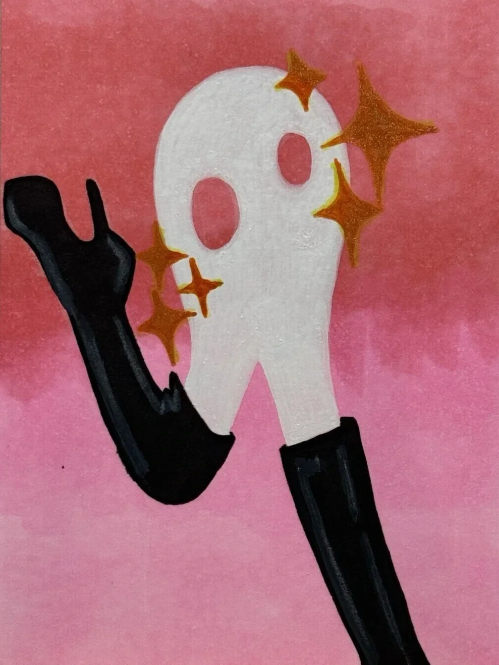 A white ghost-shaped figure, or the Fresno Nightcrawler, with hollow eyes on a pink background, adorned with gold star-shaped accents, holding a black high-heeled shoe.