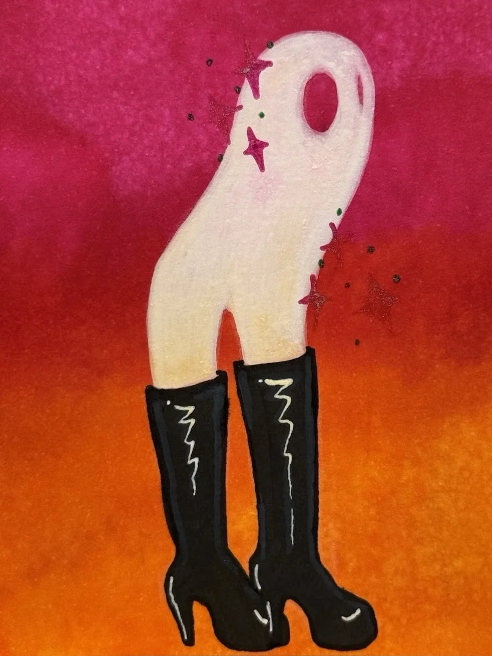 Illustration of a white ghost or the Fresno Nightcrawler, with a large oval eye, wearing tall black high-heeled boots, set against a red and orange gradient background with small stars and sparkles.
