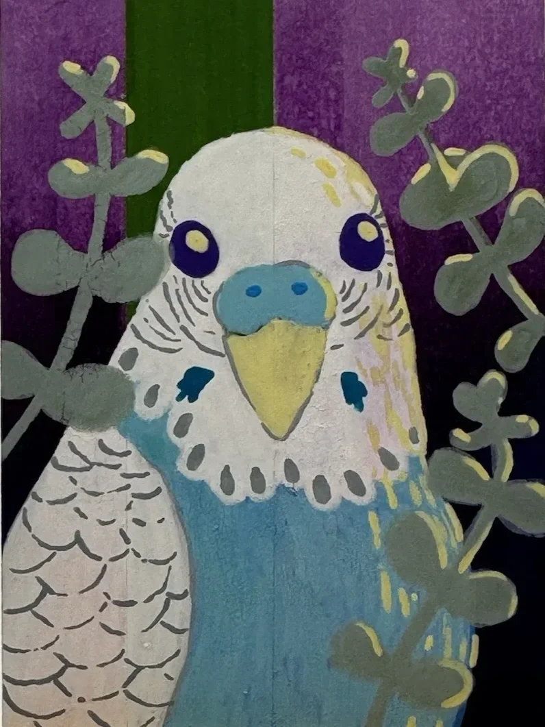 A colorful painting of a budgerigar surrounded by green and purple foliage.