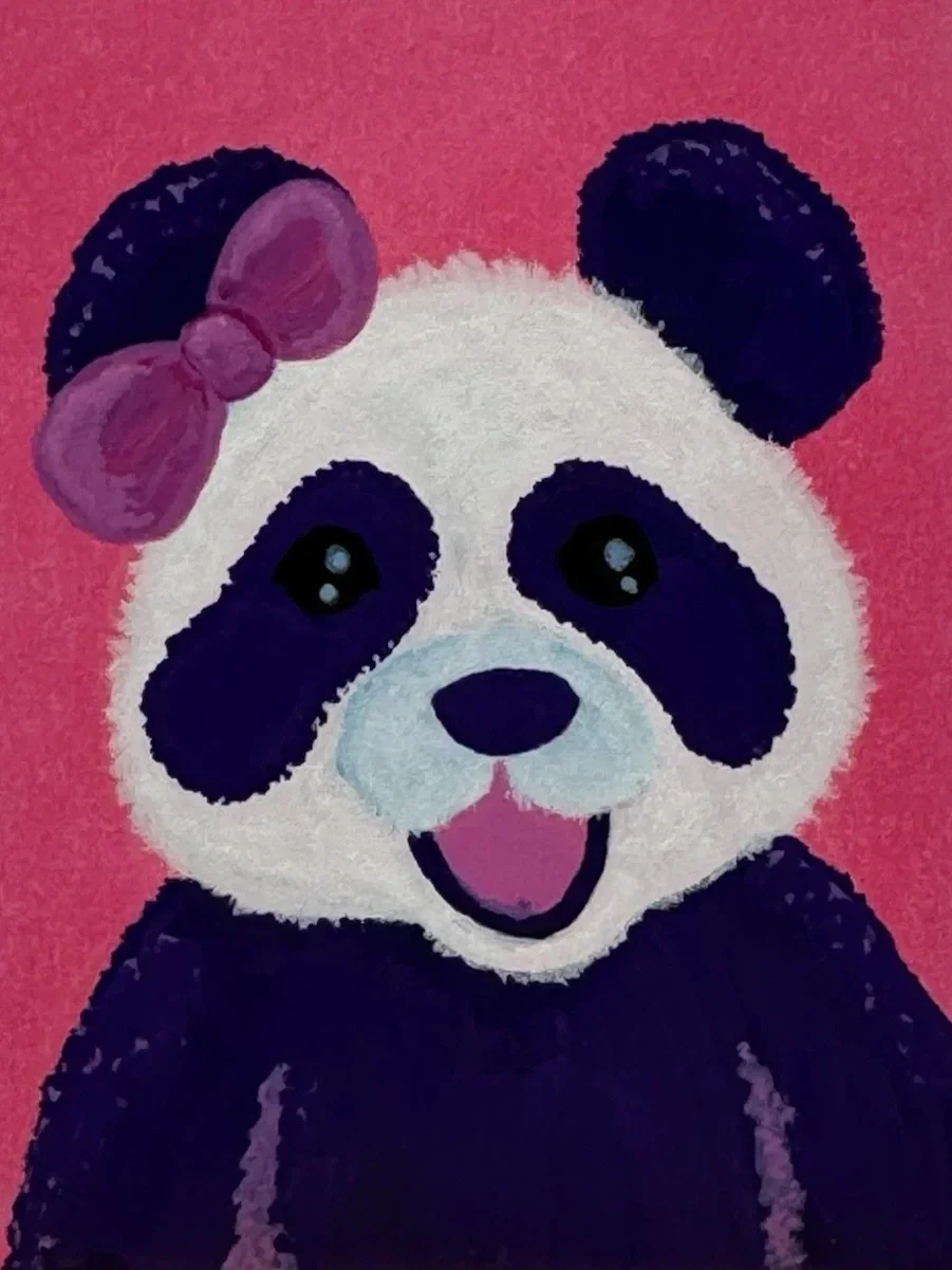 Cute cartoon panda with a pink bow on its head, black ears, and big shiny eyes, set against a pink background.