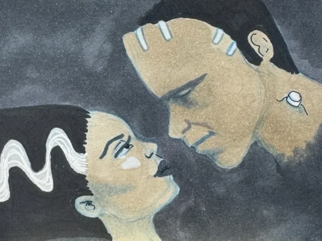 A painting of a man and woman close to each other, gazing into each other's eyes. The man has dark hair and a beard, while the woman has dark hair with a white streak and light skin.