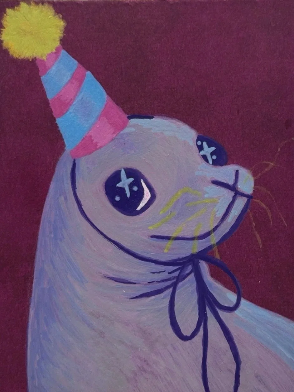 A cartoon illustration of a seal wearing a pink and blue striped party hat with a yellow pom-pom, set against a maroon background.