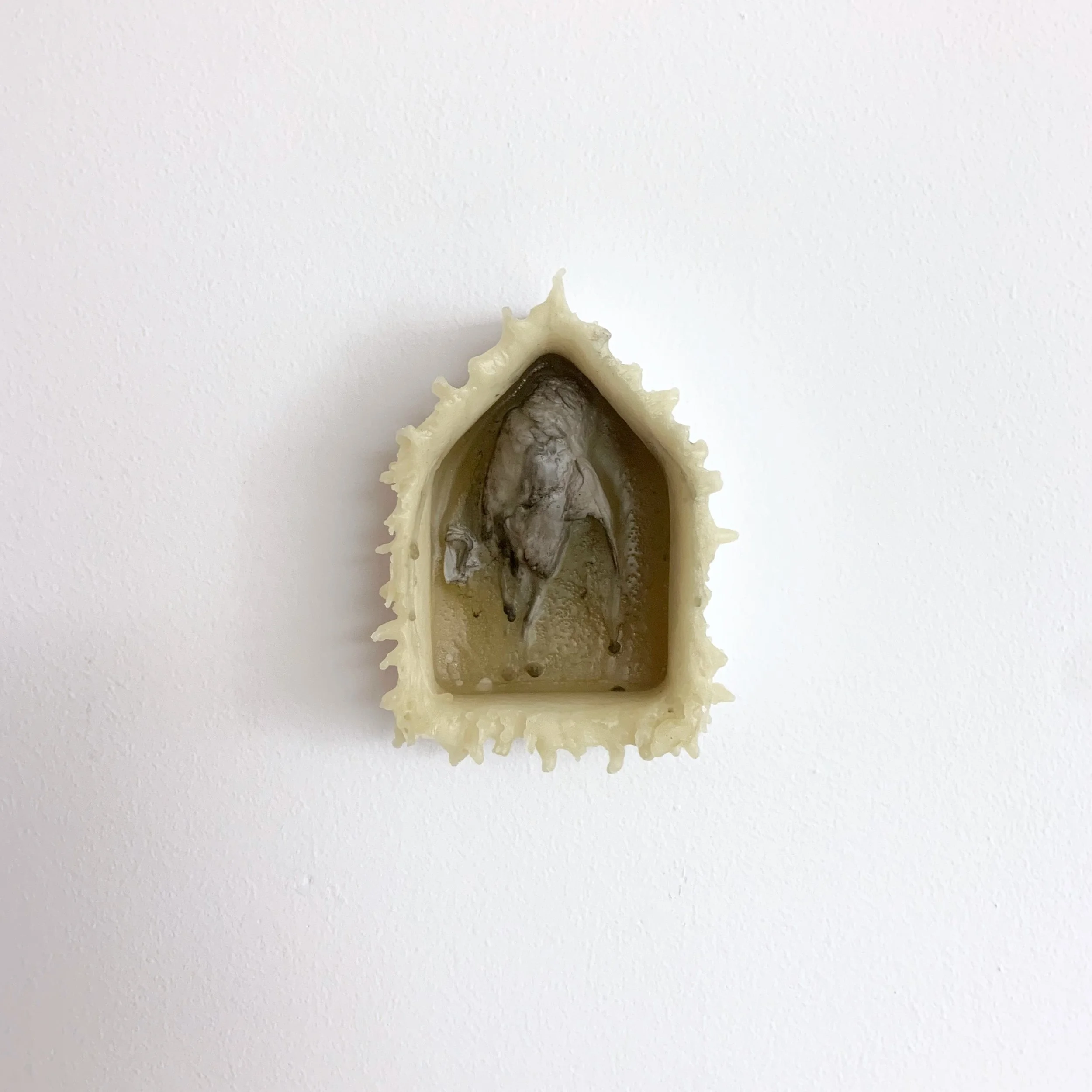 Birdhouse, 17cm x 12cm, painted wood, wax and plaster cast of a dead bird, 2023