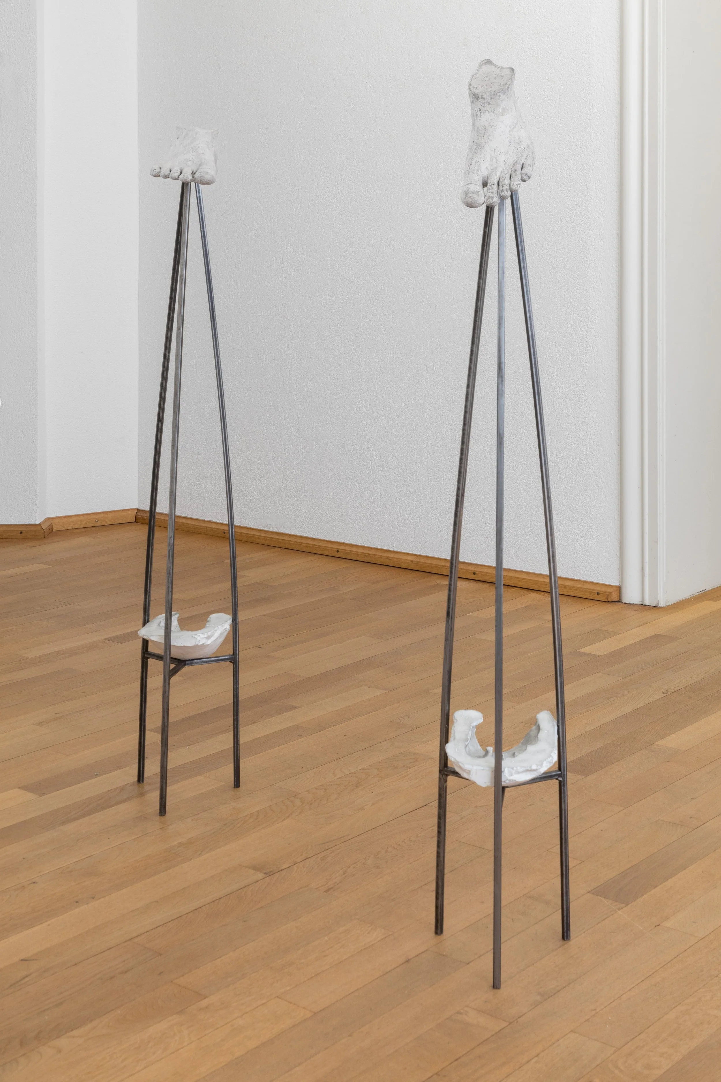 Untitled (Traces), height: 130cm each, plaster, pigments, steel, 2024