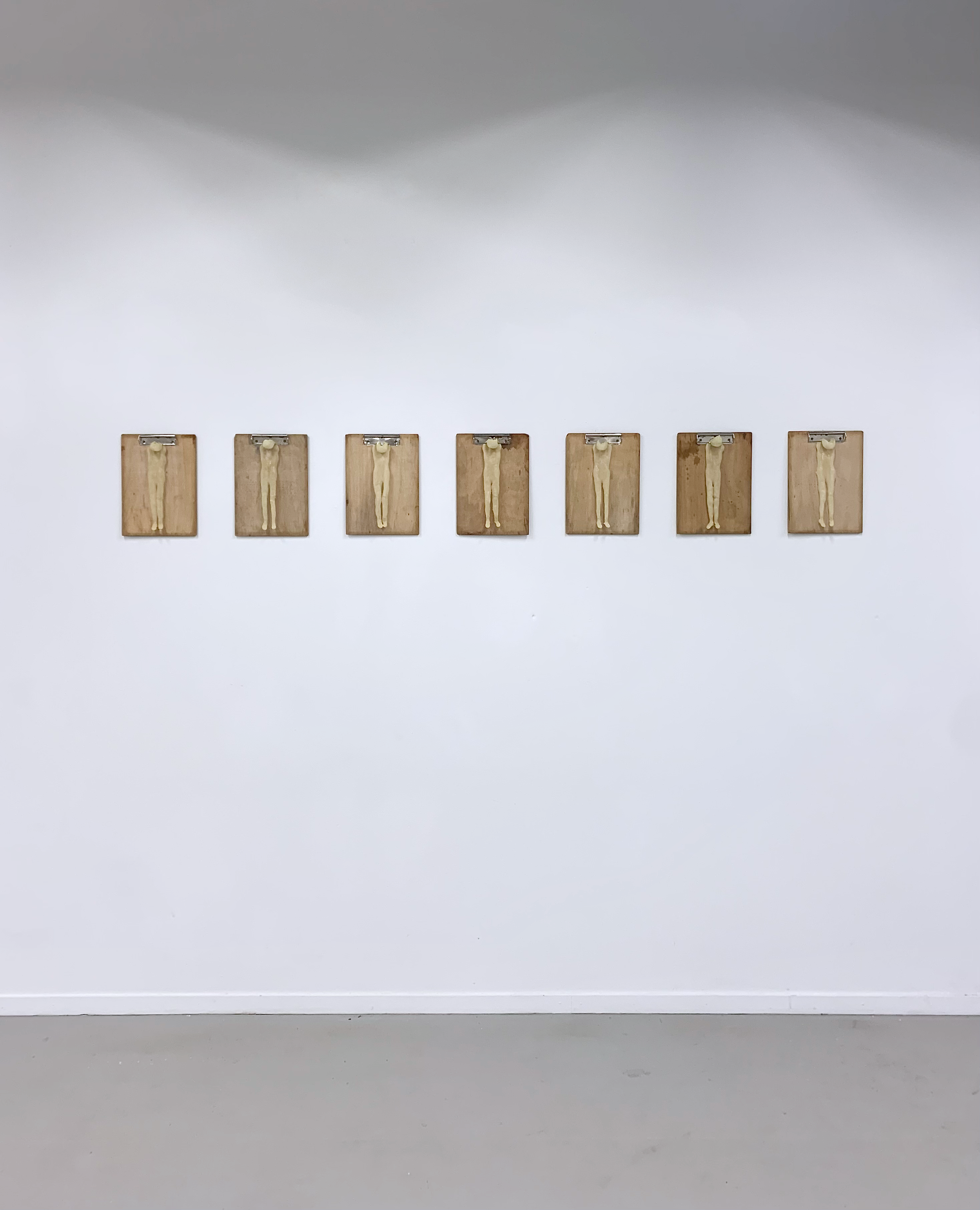 Every Day of the Weak, 31.5cm x 23cm each, Latex, 7 found clipboards, 2023