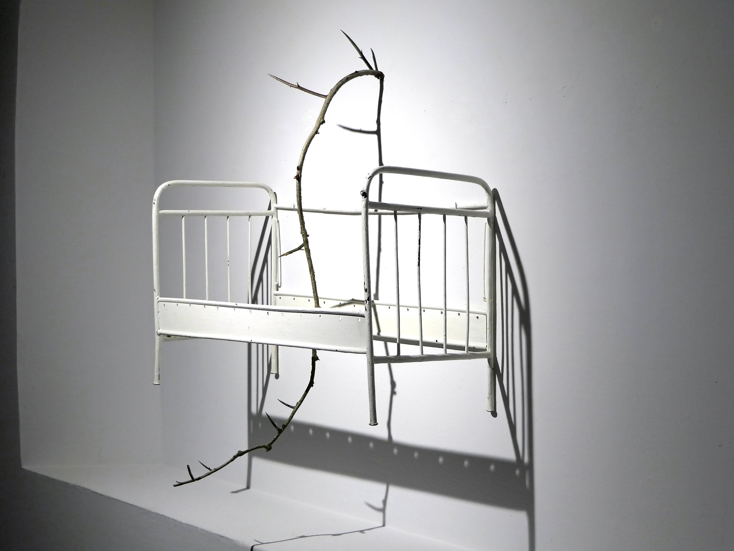Sleep Piercer, 50cm x 70cm x 25cm, painted steel dollsbed, branch, 2025