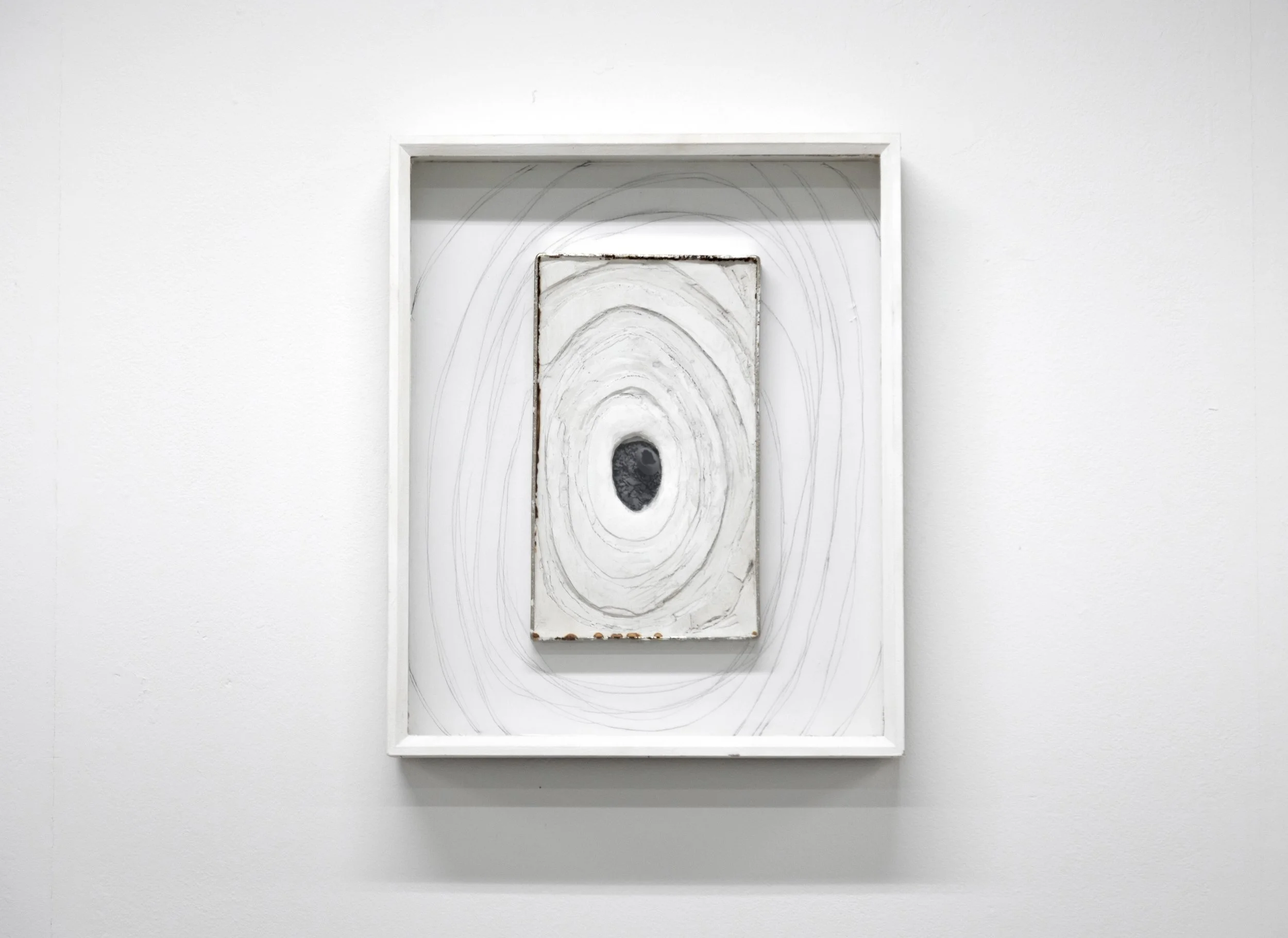 Back to the Beginning, 51cm x 42cm x 8cm, Plaster relief with embedded polaroid photo in metal frame, in object frame with pencil drawing, 2023