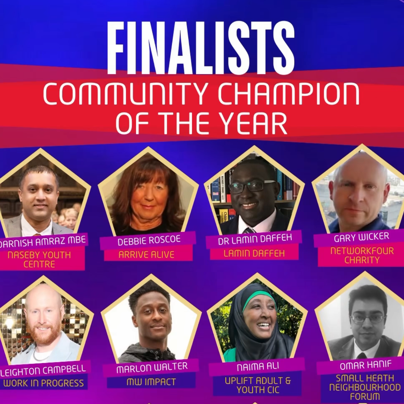 Poster celebrating finalists for Community Champion of the Year, featuring photos and names of eight individuals with their organizations: Narseby Amraz from Naseby Youth Centre, Debbie Roscoe from Arrive Alive, Dr. Lamin Daffeh, Gary Wicker from Net