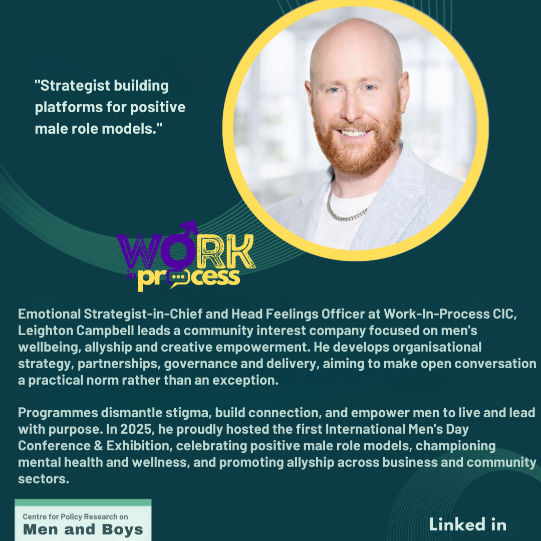 A promotional graphic featuring a headshot of a smiling man with a bald head and red beard, dressed in a light gray blazer and white shirt. The background includes text about a community leader, with the quote 'Strategist building platforms for posit