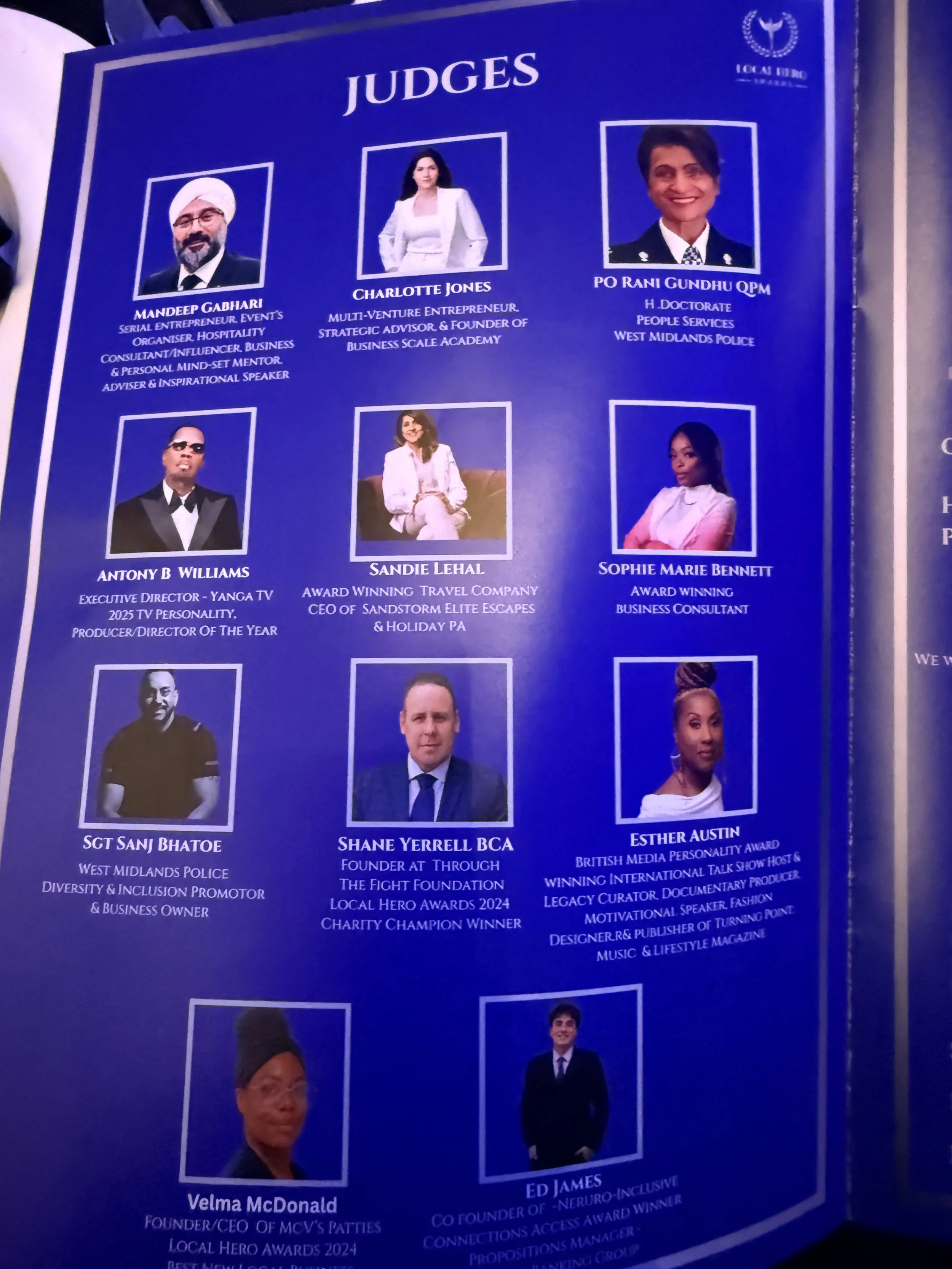 Poster featuring images and names of nine judges and award winners in a blue background. Includes titles and brief descriptions of their achievements.