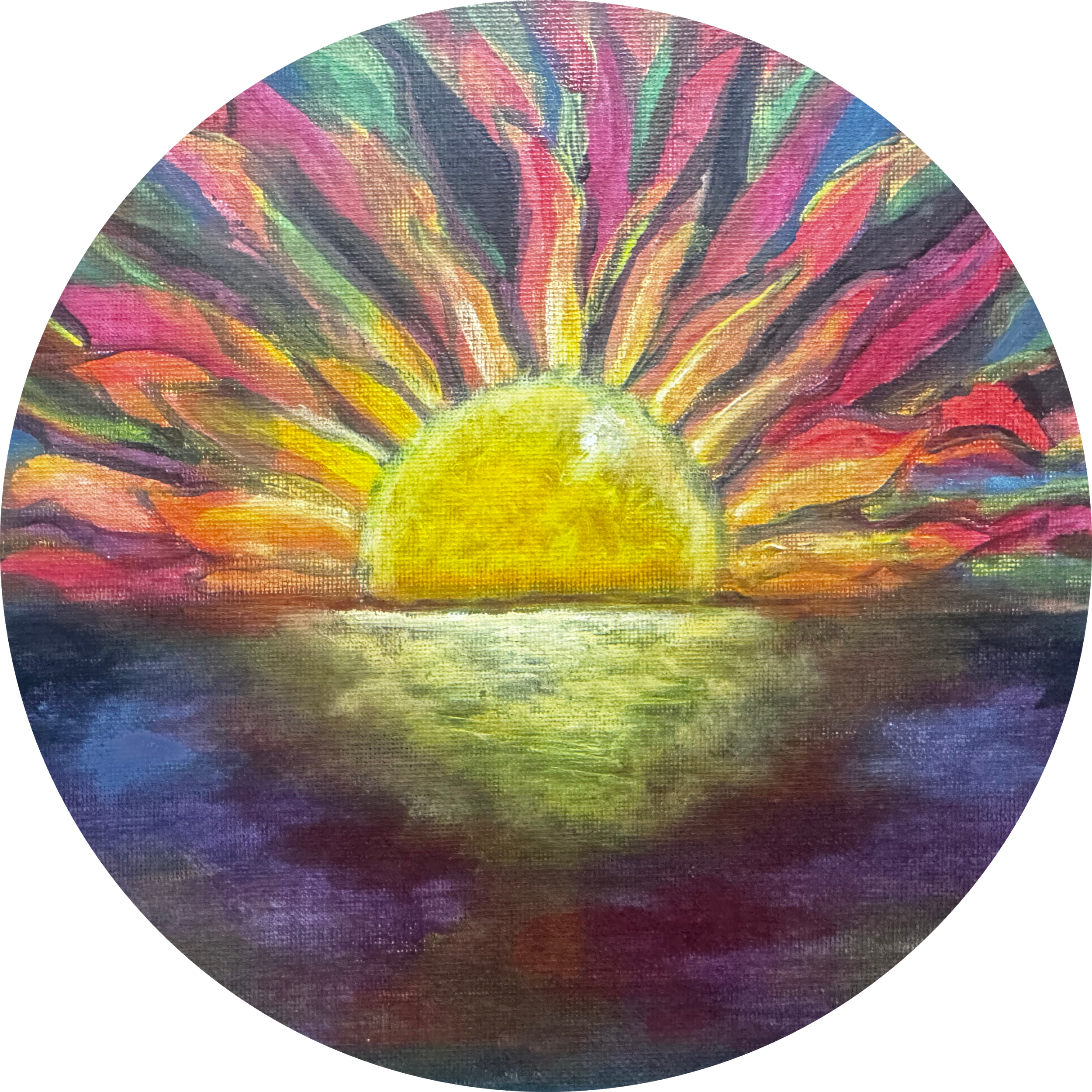 Close-up of a circular watercolor painting featuring a colorful burst of rays radiating from a yellow center, with hues of pink, purple, blue, green, and red.
