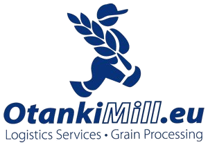 Logo of Otanki MOM.eu with a stylized running figure carrying a package and pine branches, representing logistics services and grain processing.