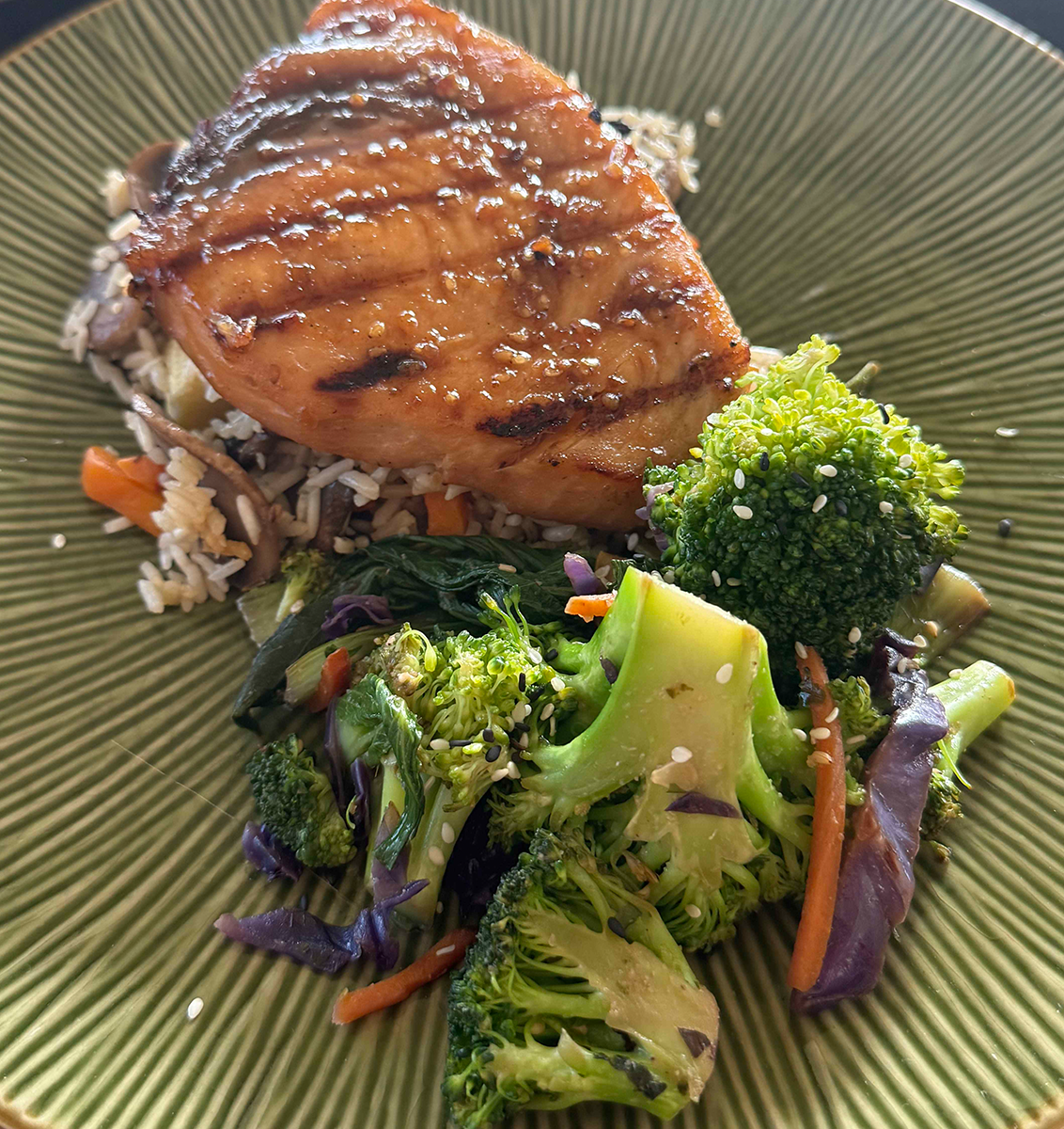 Teriyaki Sword Fish served with Bok Choy Stir Fry, and Mushroom Fired Rice 