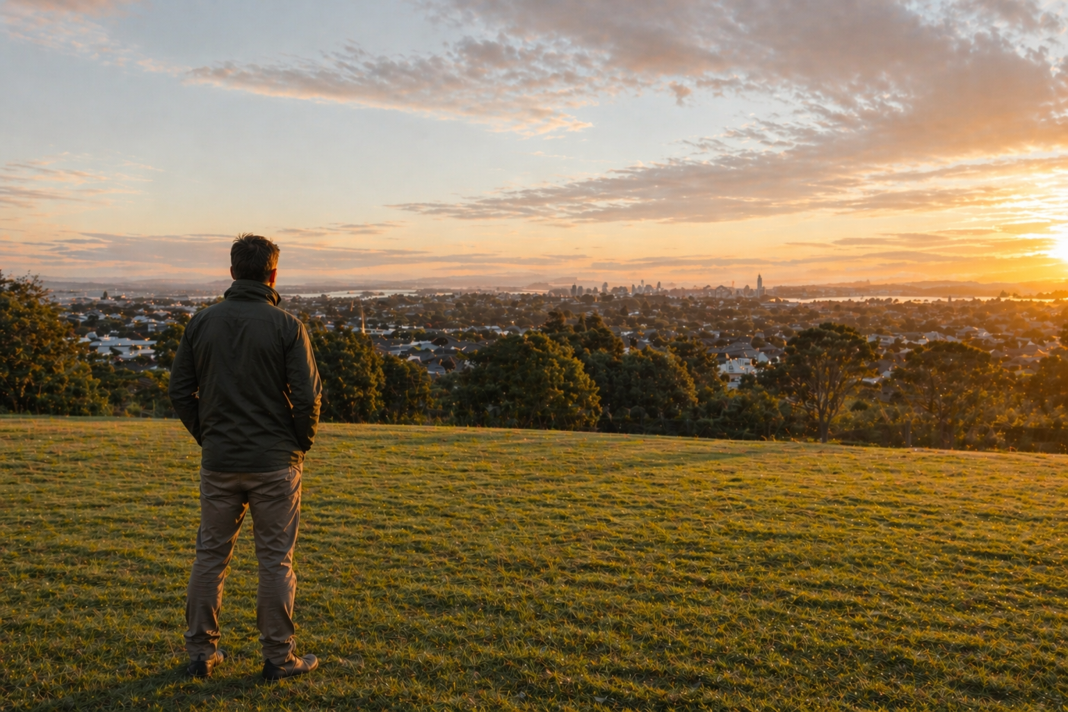 Man standing on a grassy hill overlooking a cityscape at sunset considering all possibilities ahead of him.