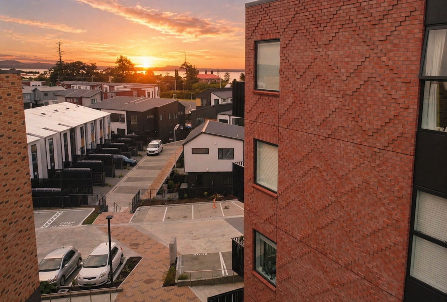 Sunrise over a residential area with multi-story brick apartment buildings in the foreground and distinct brickwork patterning. Medium density Residential, Parked cars, and a view of water in the distance.