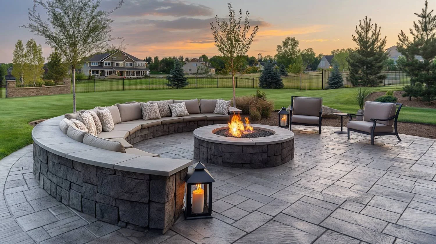A spacious outdoor patio with a curved stone fire pit in the center, surrounded by beige cushioned seating and two armchairs. There are lanterns with candles on the ground, lush green lawn, and trees in the background at sunset.