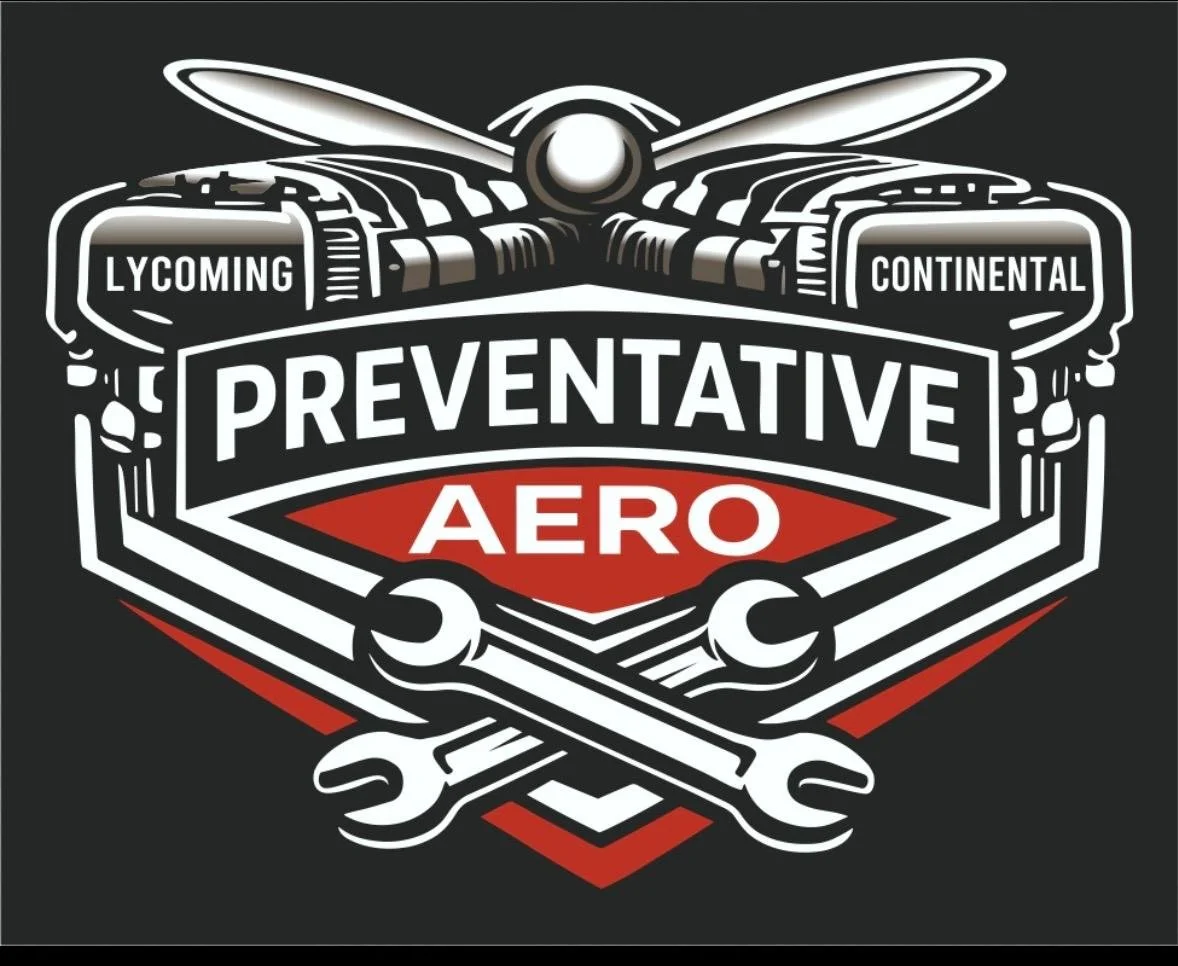 Logo for a preventative aerospace company with a mechanical engine illustration, a helicopter propeller, wrenches, and the words 'Lycoming,' 'Continental,' 'Preventative,' and 'Aero' in bold letters.