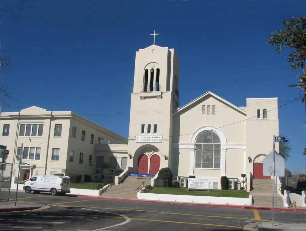 This stately Mission Revival with Gothic influence, Immanuel United Methodist Church and School, has been in the Highland Park area since 1907. An original stained glass window, approximately 12′ high and 6′ wide was installed in 1909. In 1986 the wi