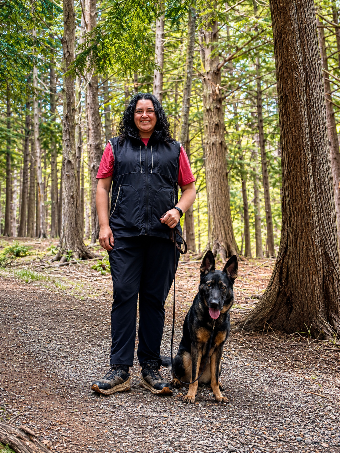 Dog trainer standing with German Shepherd on a wooded trail in Prince Edward Island.