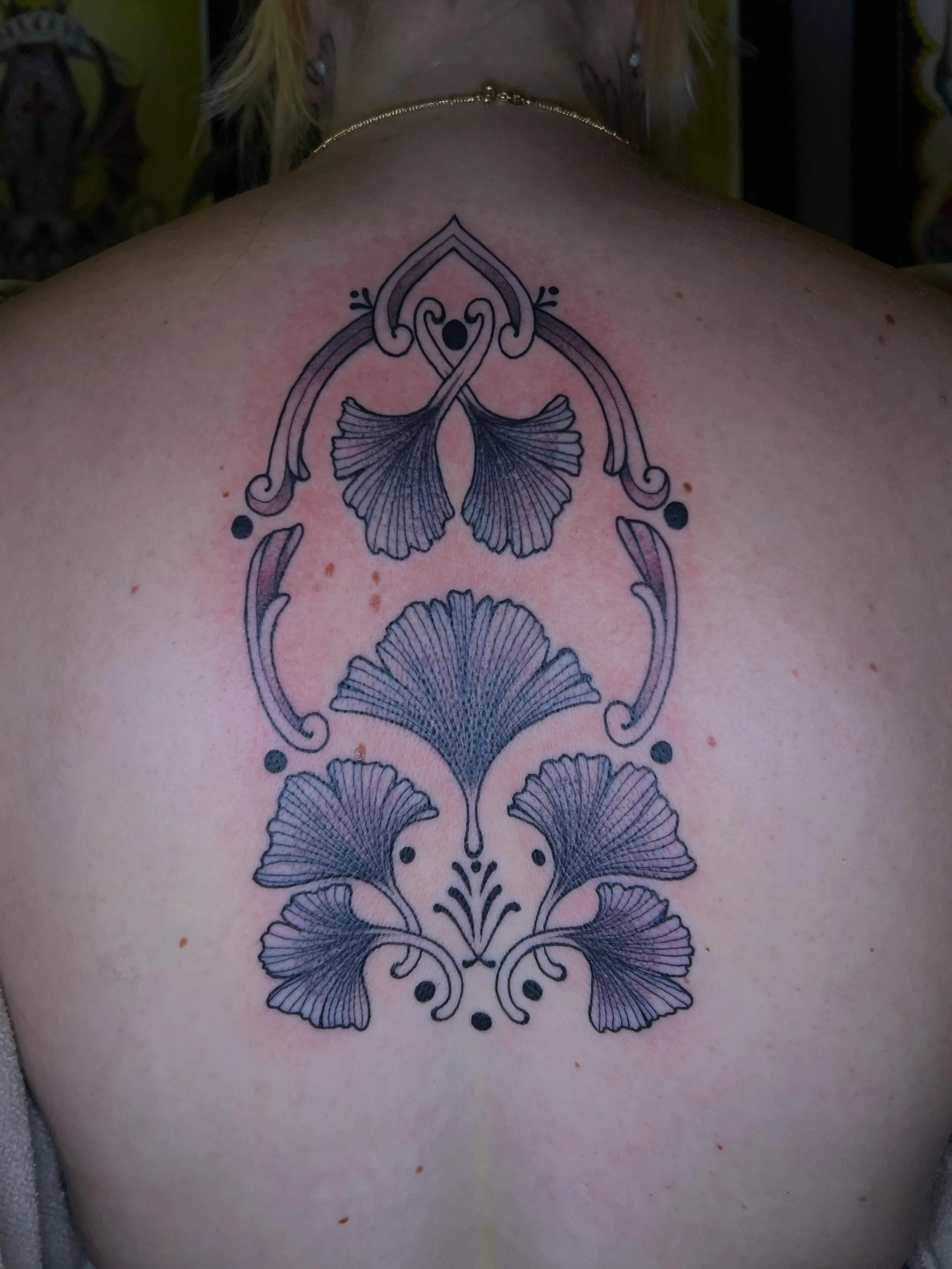 Ginkgo back piece from a bit ago! 

#tattoo #tattooartist #femaletattooartist #blackandgraytattoo