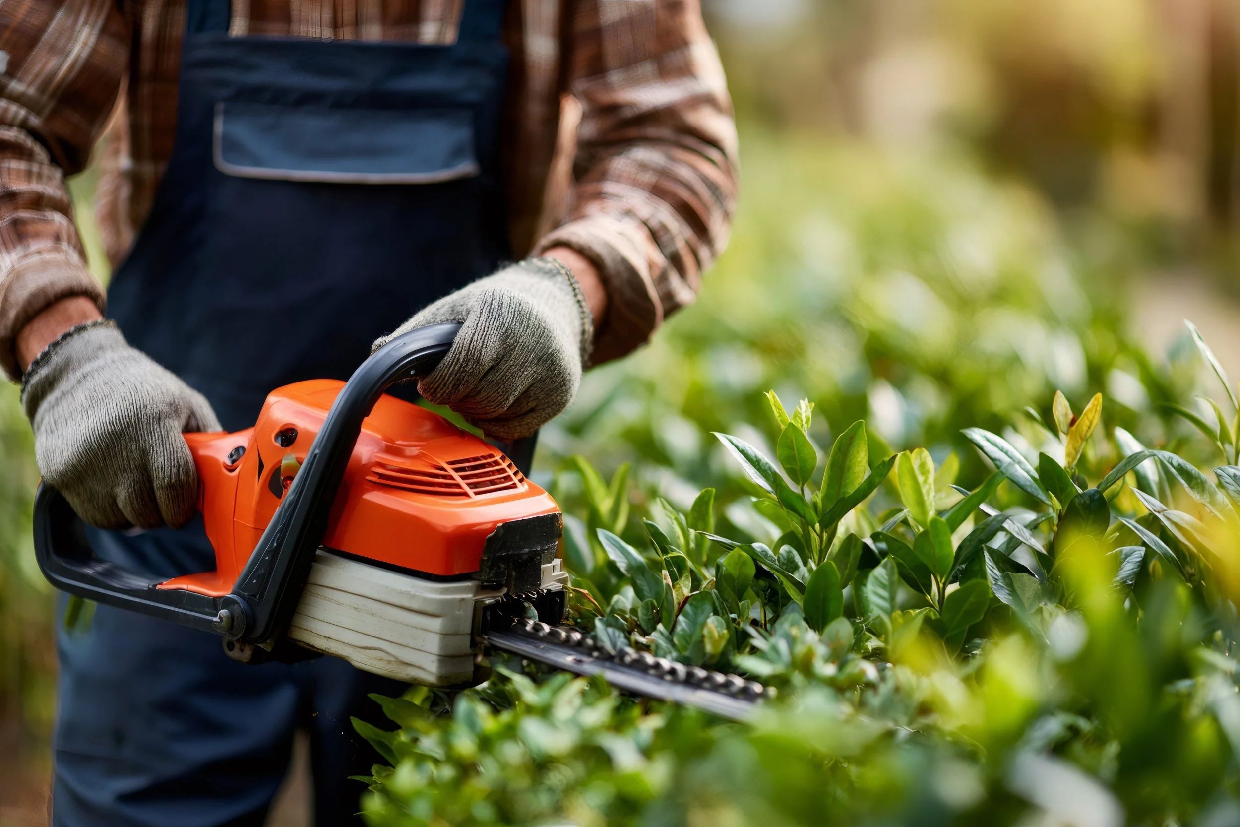 A person trimming green bushes with a handheld orange and black chainsaw outdoors.