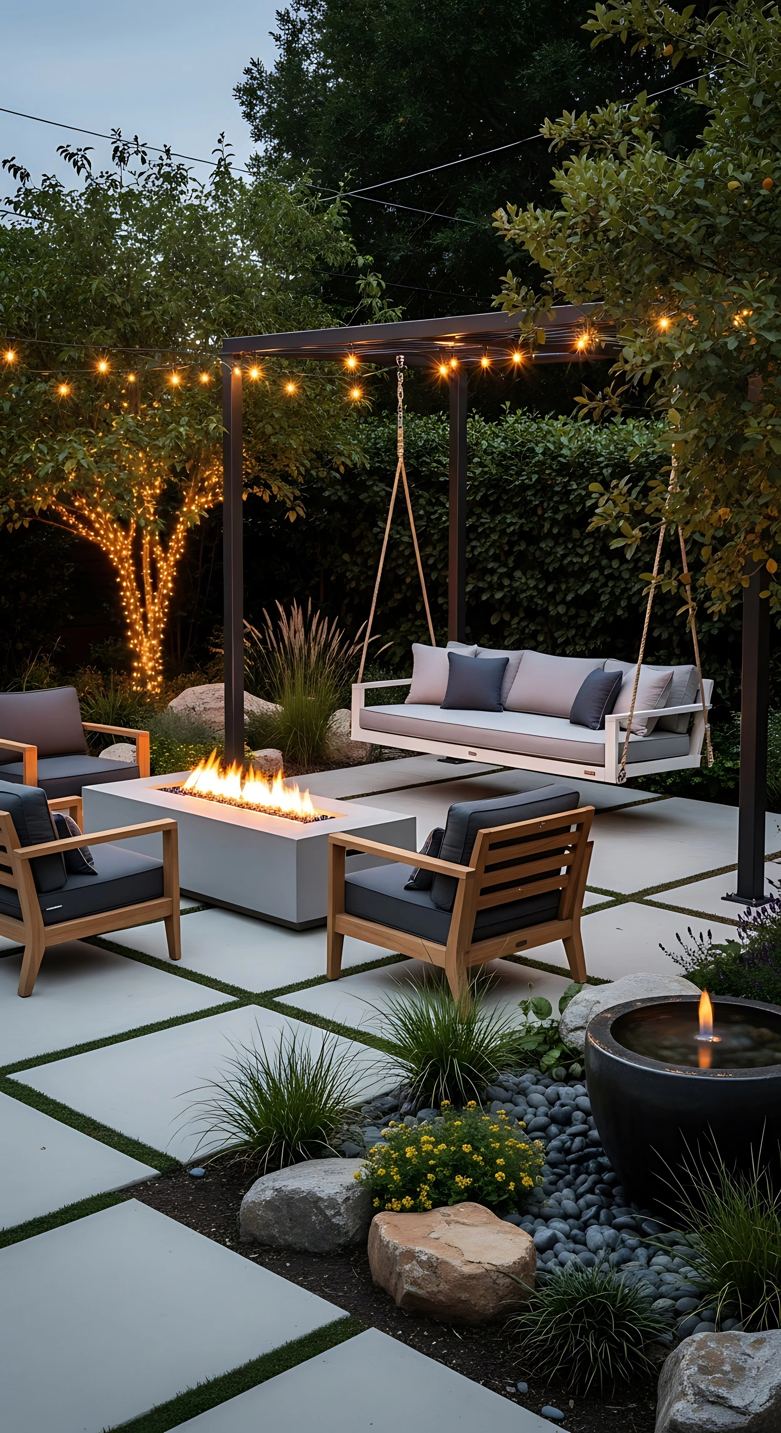 An outdoor garden seating area with a modern fire pit, cushioned wooden chairs, a hanging swing or sofa, string lights, and decorative plants and rocks during the evening.