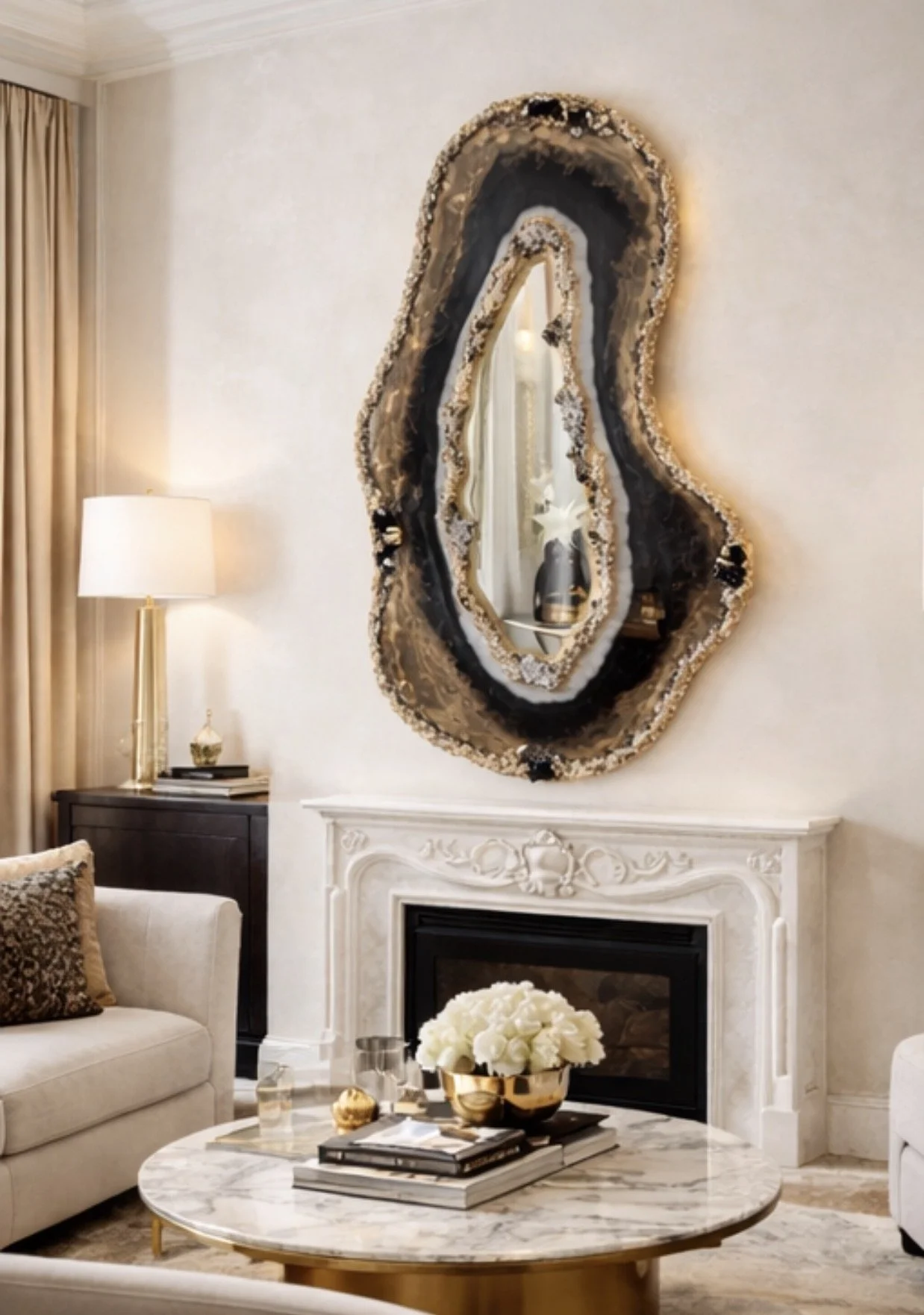 Close-up of Obsidian Crown geode mirror with quartz, smoky quartz, tourmaline and obsidian crystals