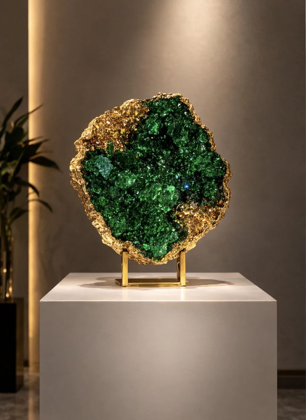 Emerald green malachite geode crystal sculpture with gold leaf by New York artist Zareena Zaid
