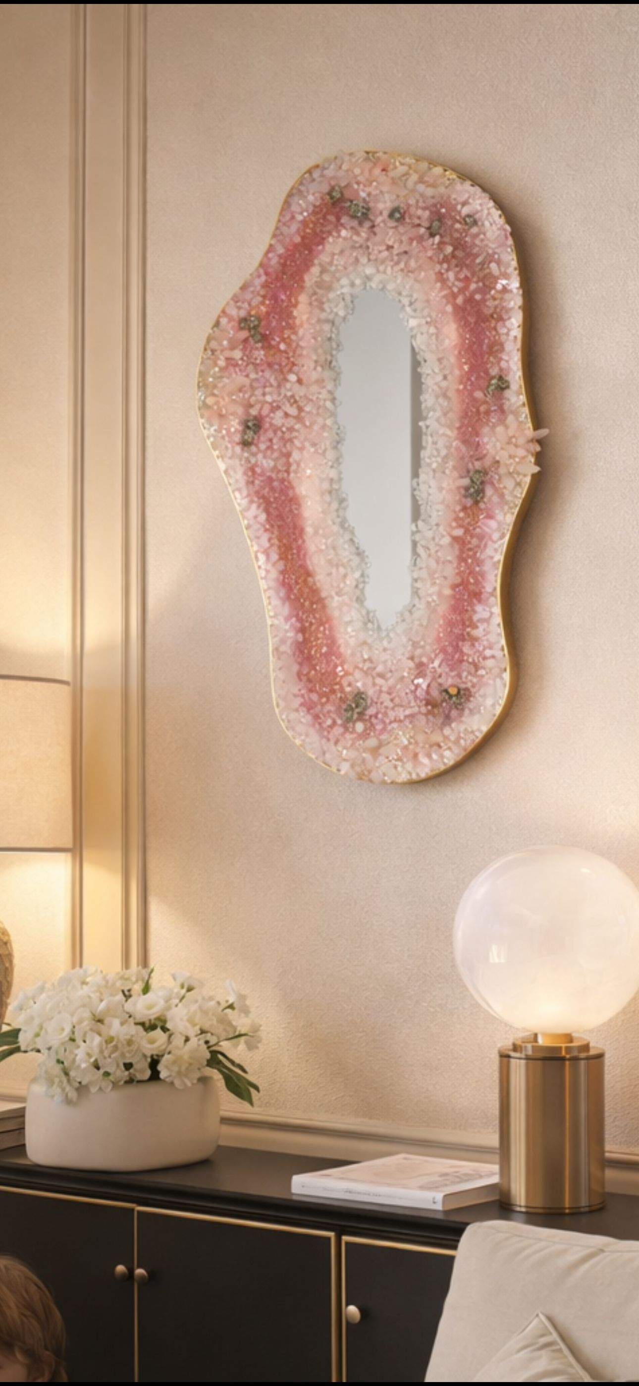 Asymmetrical rose quartz geode mirror contemporary wall sculpture