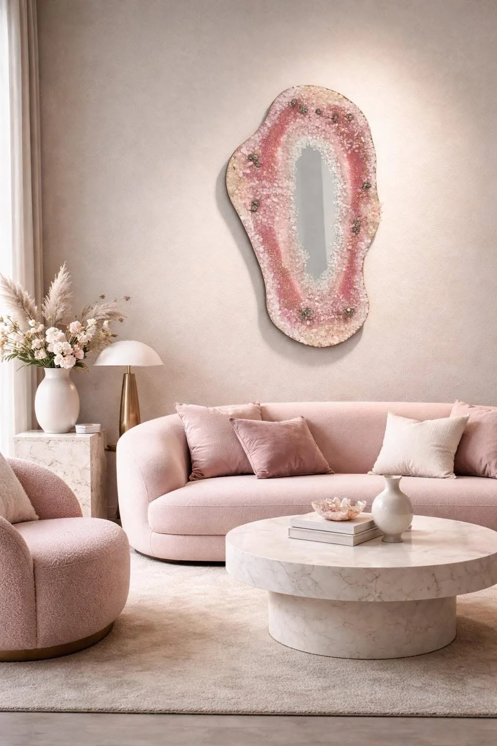Rose quartz geode mirror wall sculpture in luxury interior