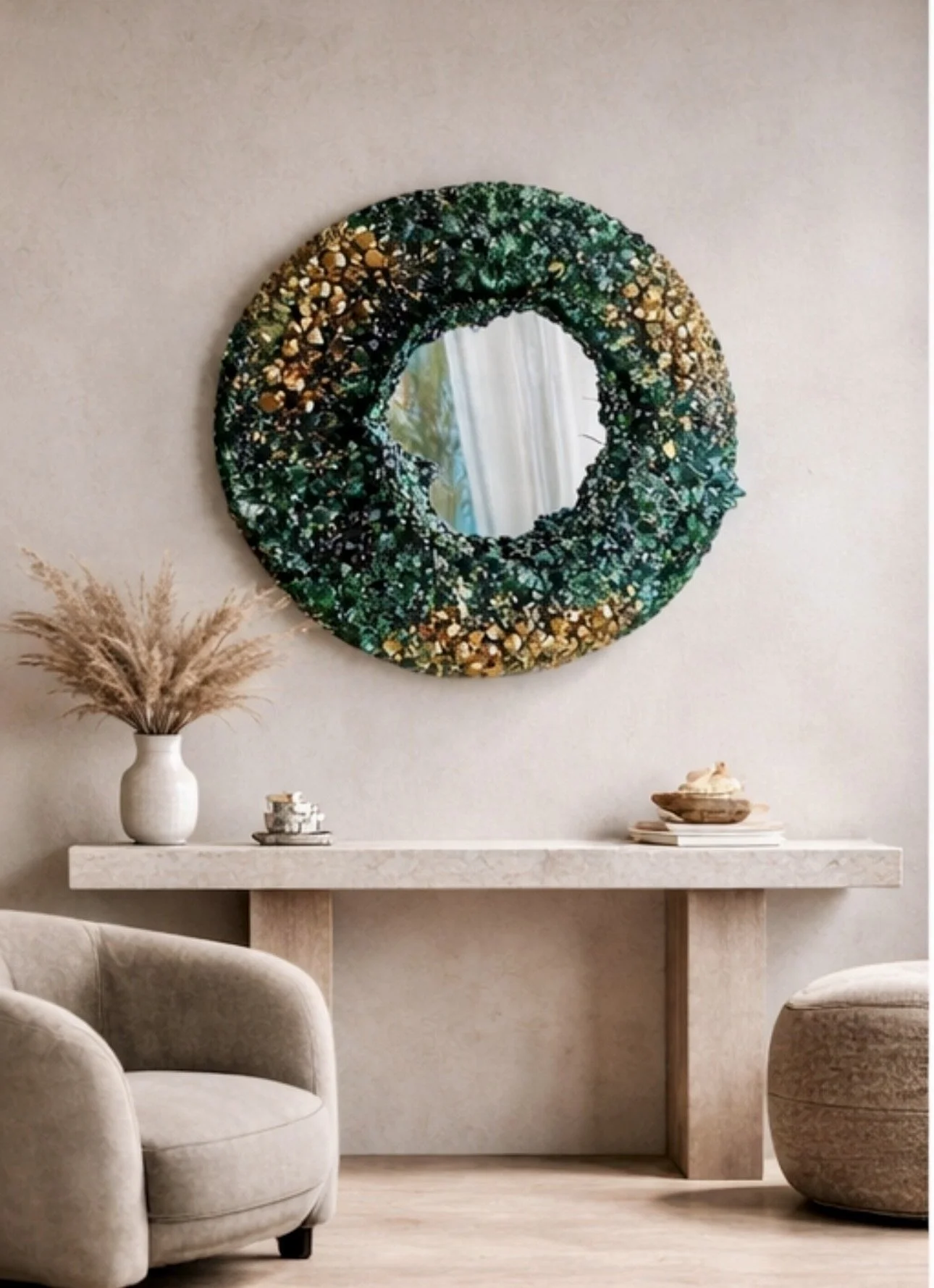 Close-up of malachite geode mirror crystal texture sculptural wall art