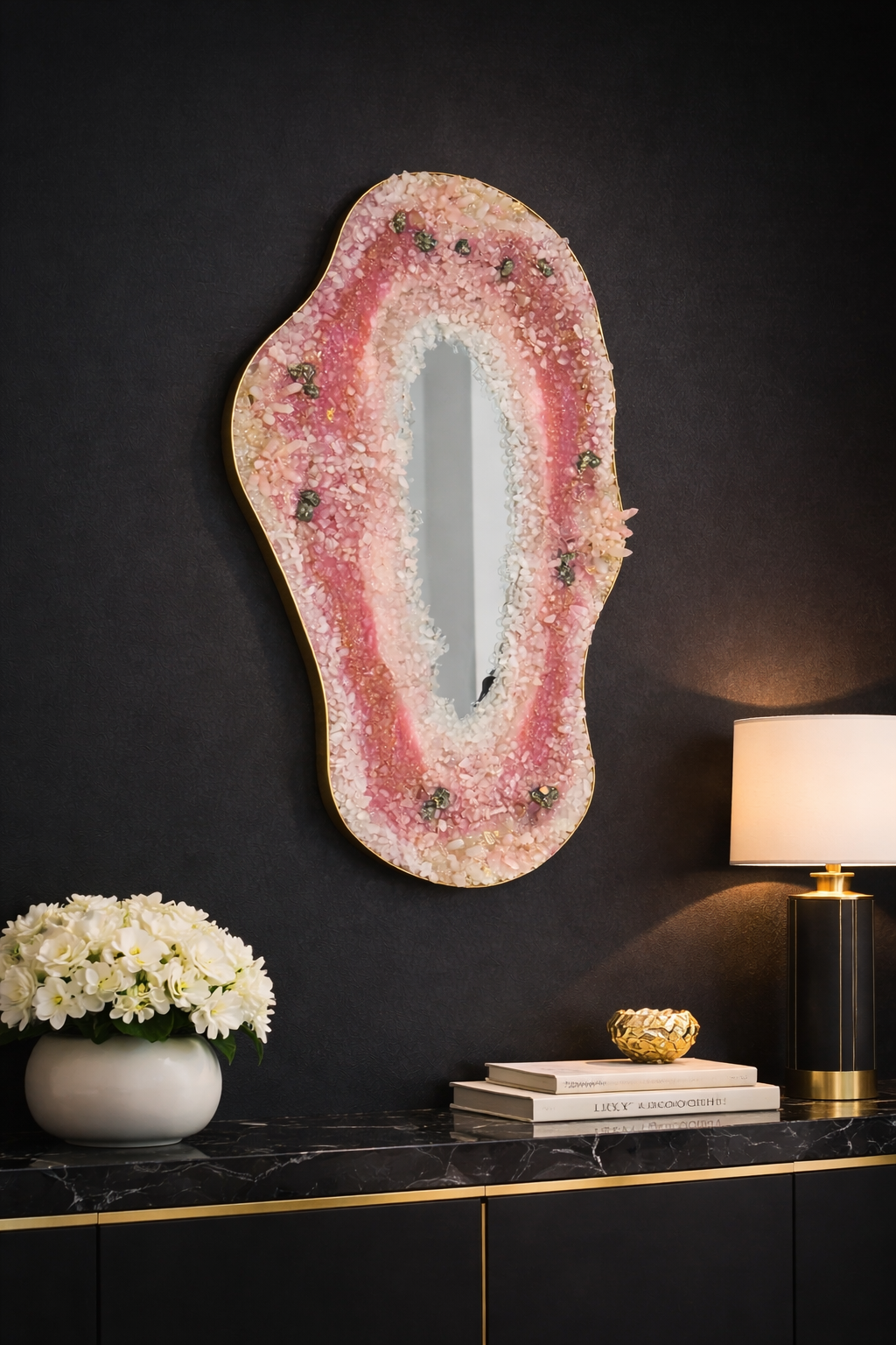 Rose quartz asymmetrical geode mirror wall sculpture by New York artist Zareena Zaid