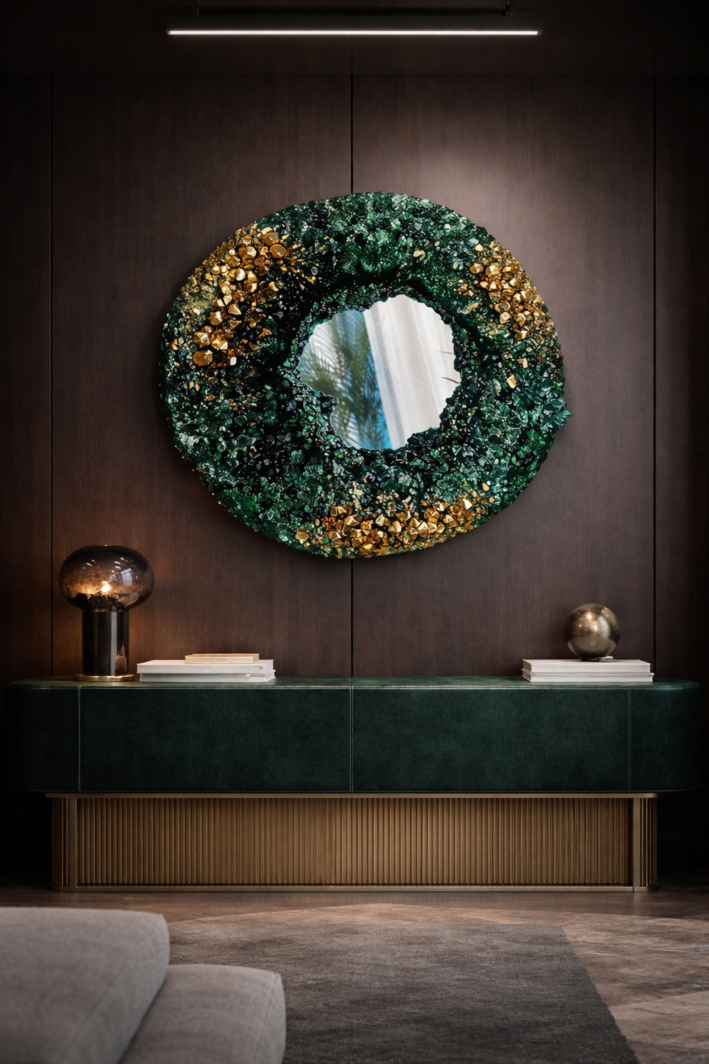 Malachite geode mirror wall art with crystal texture by New York artist Zareena Zaid