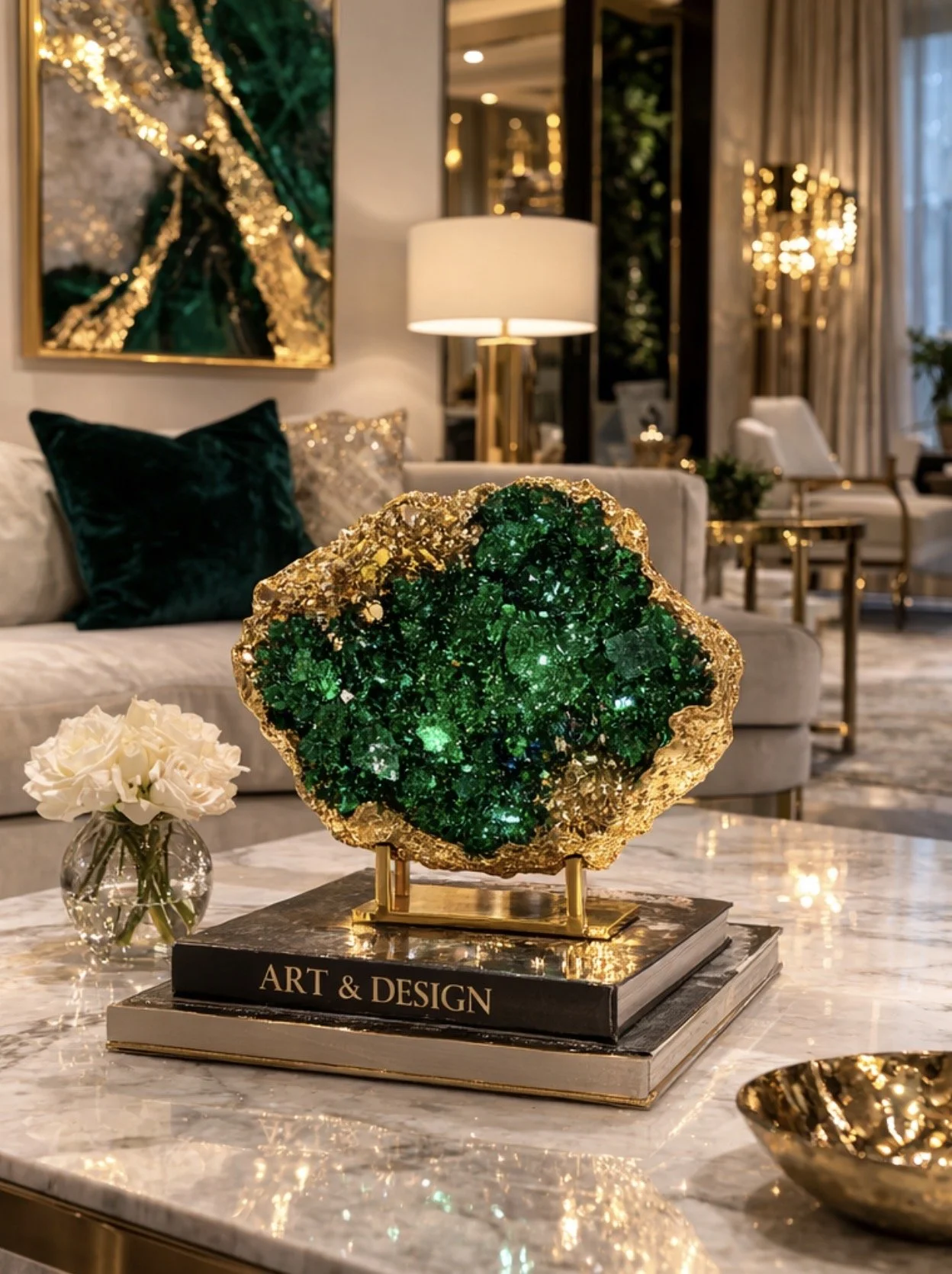 Malachite geode crystal sculpture with emerald crystals and gold leaf in luxury interior by artist Zareena Zaid